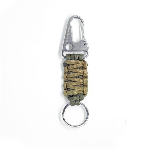 stainless steel keychain wolf brown olive drab back small Stainless Steel Paracord Keychain - brown with olive drab