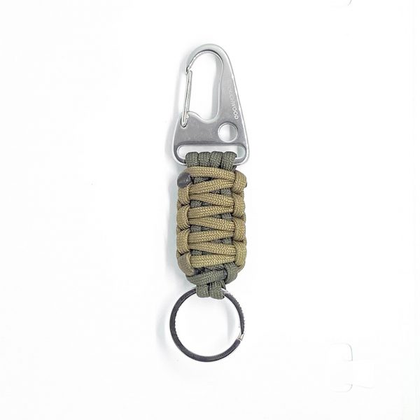 stainless steel keychain wolf brown olive drab front small Stainless Steel Paracord Keychain - brown with olive drab